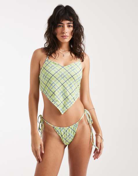 Daisy Street bandana bikini top and tie side bottoms in blue green check - view 1
