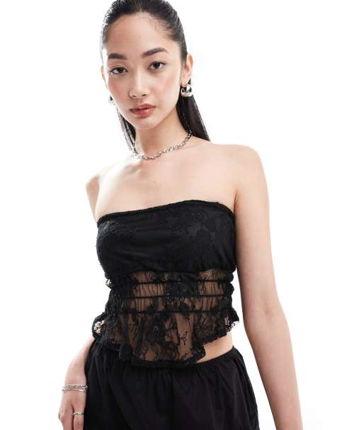 Daisy Street bandeau crop top co-ord in black lace - view 1