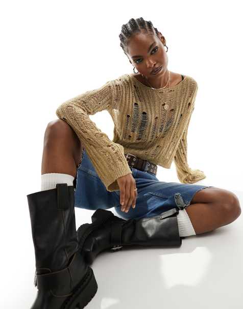 Daisy Street - Beige åben offshoulder-trøje i slidt strik - view 1