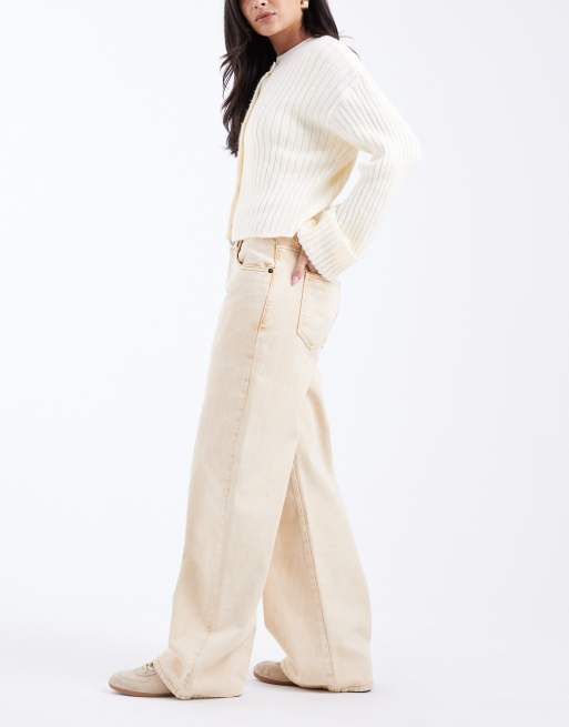 Daisy Street - Beige lavtaljede løstsiddende jeans i denimvask, 2 af 5