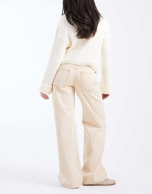 Daisy Street - Beige lavtaljede løstsiddende jeans i denimvask, 3 af 5