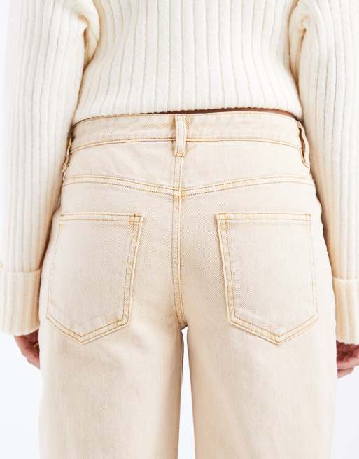 Daisy Street - Beige lavtaljede løstsiddende jeans i denimvask, 4 af 5