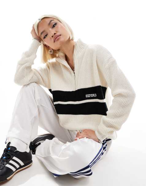 Daisy Street beige quarter zip pull-over jumper with embriodered oxford - view 1