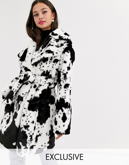 Daisy Street belted coat in cow print faux fur