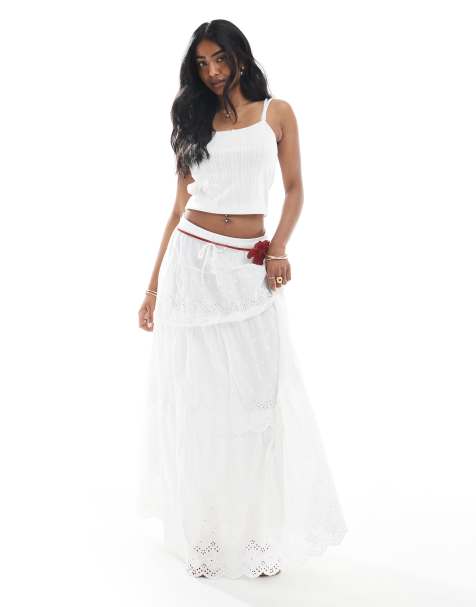Daisy Street boho tiered maxi skirt with broderie trim in white