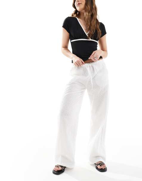 Daisy Street broderie anglaise low rise wide leg trousers in white 