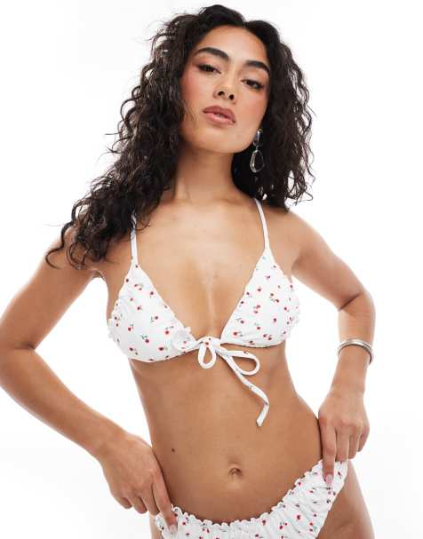 Daisy Street – Bikinioberteil in Weiß geblümt mit Rüschen und Bindedetail vorne - view 1