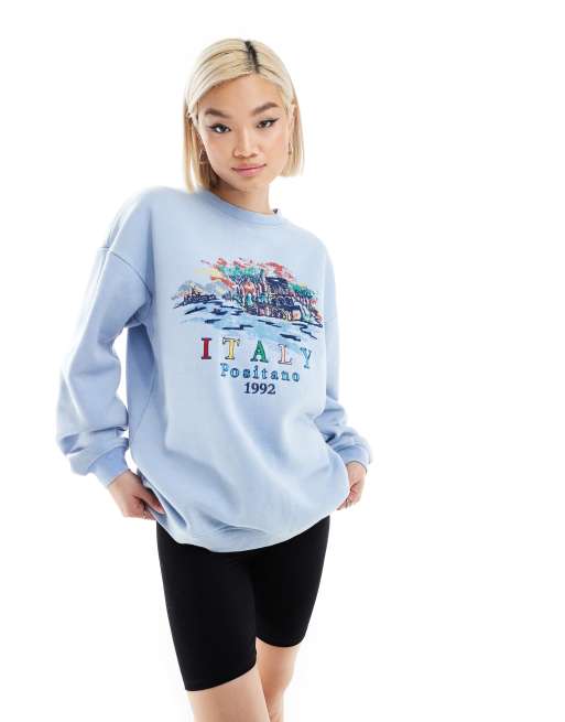 Daisy Street – Blå, avslappnad sweatshirt med Italy-broderi