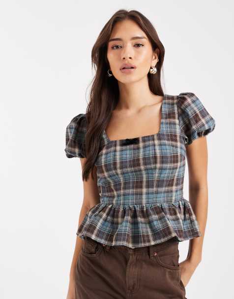 Daisy Street – Blå, beige rutig blus med volang i midjan och holkärm - view 1