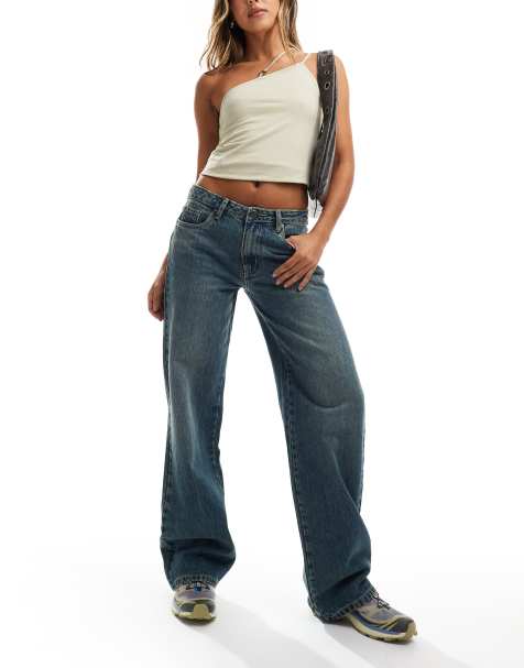 Daisy Street – Blå vintagetvättade boyfriend jeans med låg midja - view 1