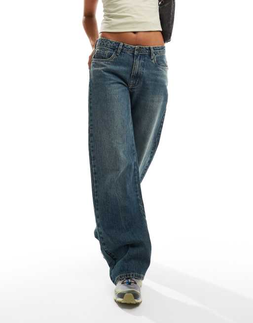 Daisy Street – Blå vintagetvättade boyfriend jeans med låg midja, 2 av 5