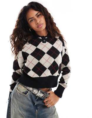 Daisy Street black and stone collared jumper with all over argyle