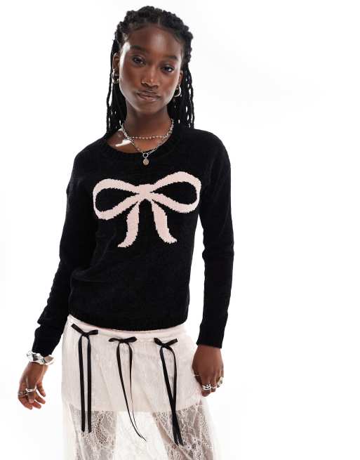 Daisy Street black fitted sweatshirt with pink bow graphic in black