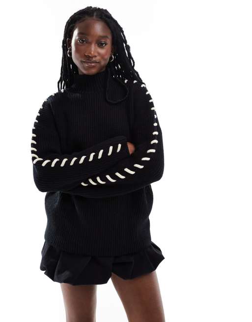 Daisy Street black high neck cardigan knit sweater with lace up sleeve detail