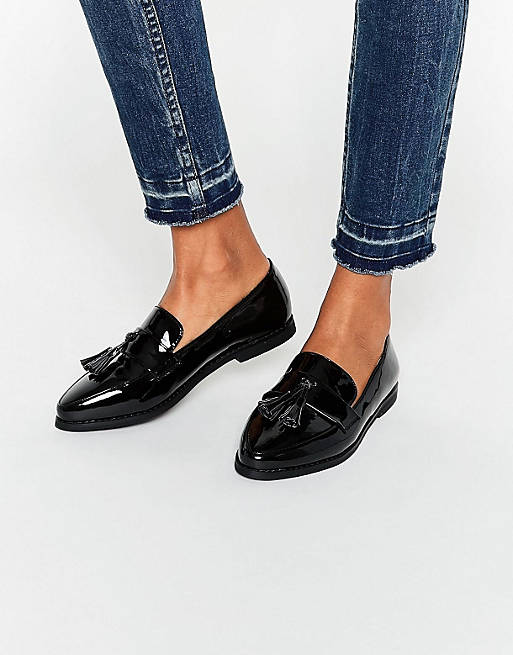Daisy Street Black Patent Tassel Flat Loafer Shoes
