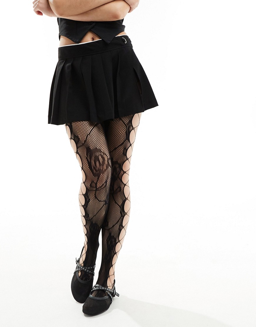 Daisy Street black rose lace tights with lattice side