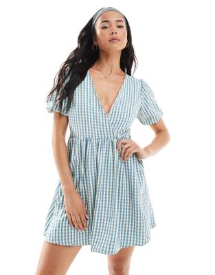Daisy Street - Blau kariertes Minikleid mit Puffärmeln und Bindegürtel