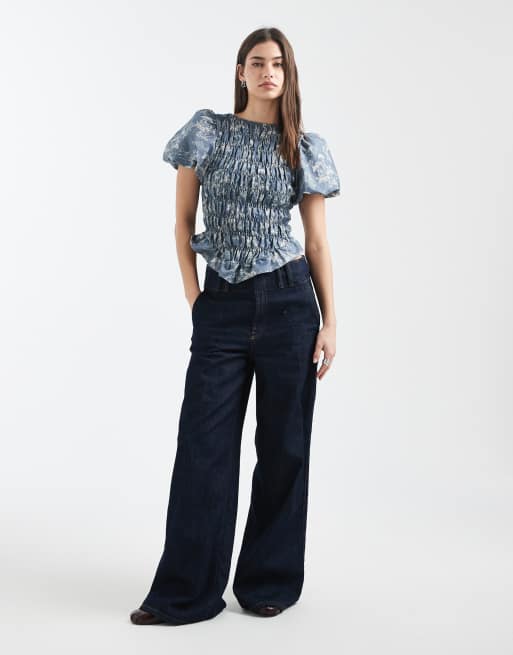 Daisy Street – Blommig, smockad topp i denim med puffärmar, 3 av 4