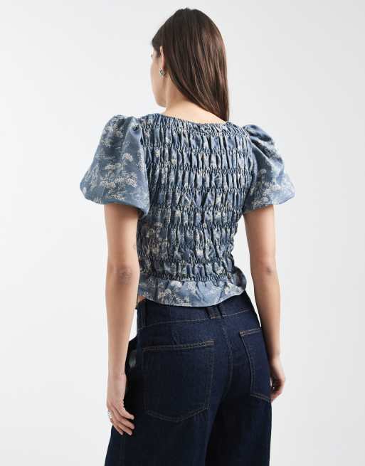 Daisy Street – Blommig, smockad topp i denim med puffärmar, 4 av 4
