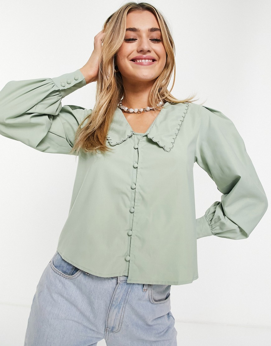 Daisy Street blouse with vintage collar-Green