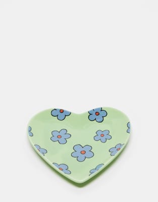 Daisy Street blue floral heart shape trinket dish in green