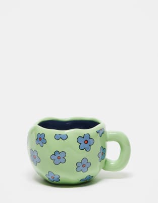 Daisy Street blue floral wavy mug in green