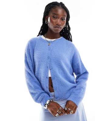 Daisy Street blue fluffy eyelash knit boxy crew neck cardigan