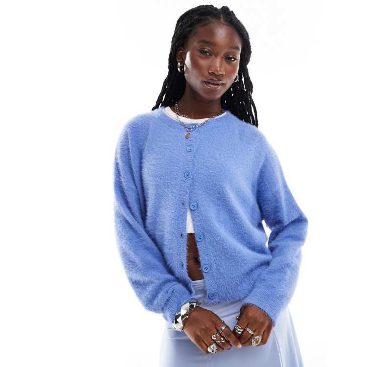 Daisy Street blue fluffy eyelash knit boxy crew neck cardigan | ASOS