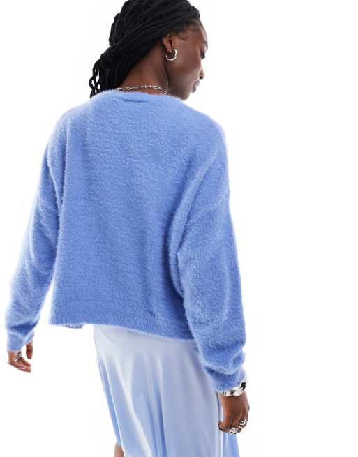 Daisy Street blue fluffy eyelash knit boxy crew neck cardigan, 4 of 4