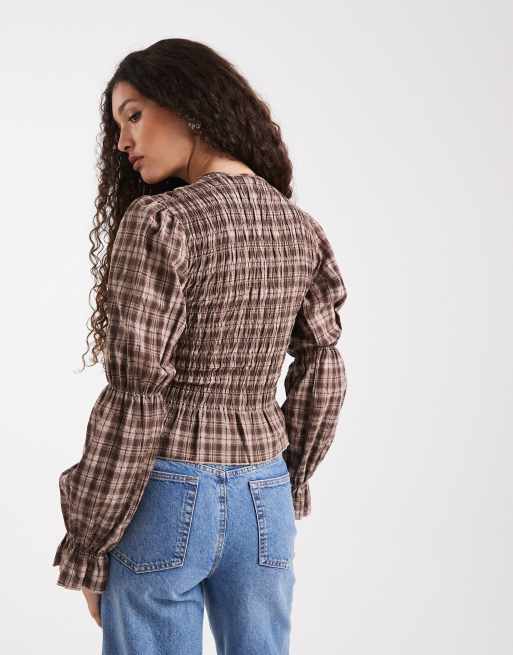 Daisy Street - Blusa arricciata marrone a quadri a maniche lunghe, 2 di 4