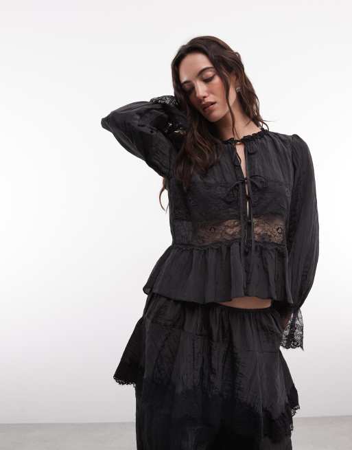 Daisy Street – Czarna, wiązana z przodu bluzka w stylu boho, z koronkową wstawką, część zestawu, 2 z 2