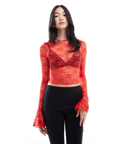 Daisy Street boat neck long sleeve lace top with tie sleeves in red lace - view 1