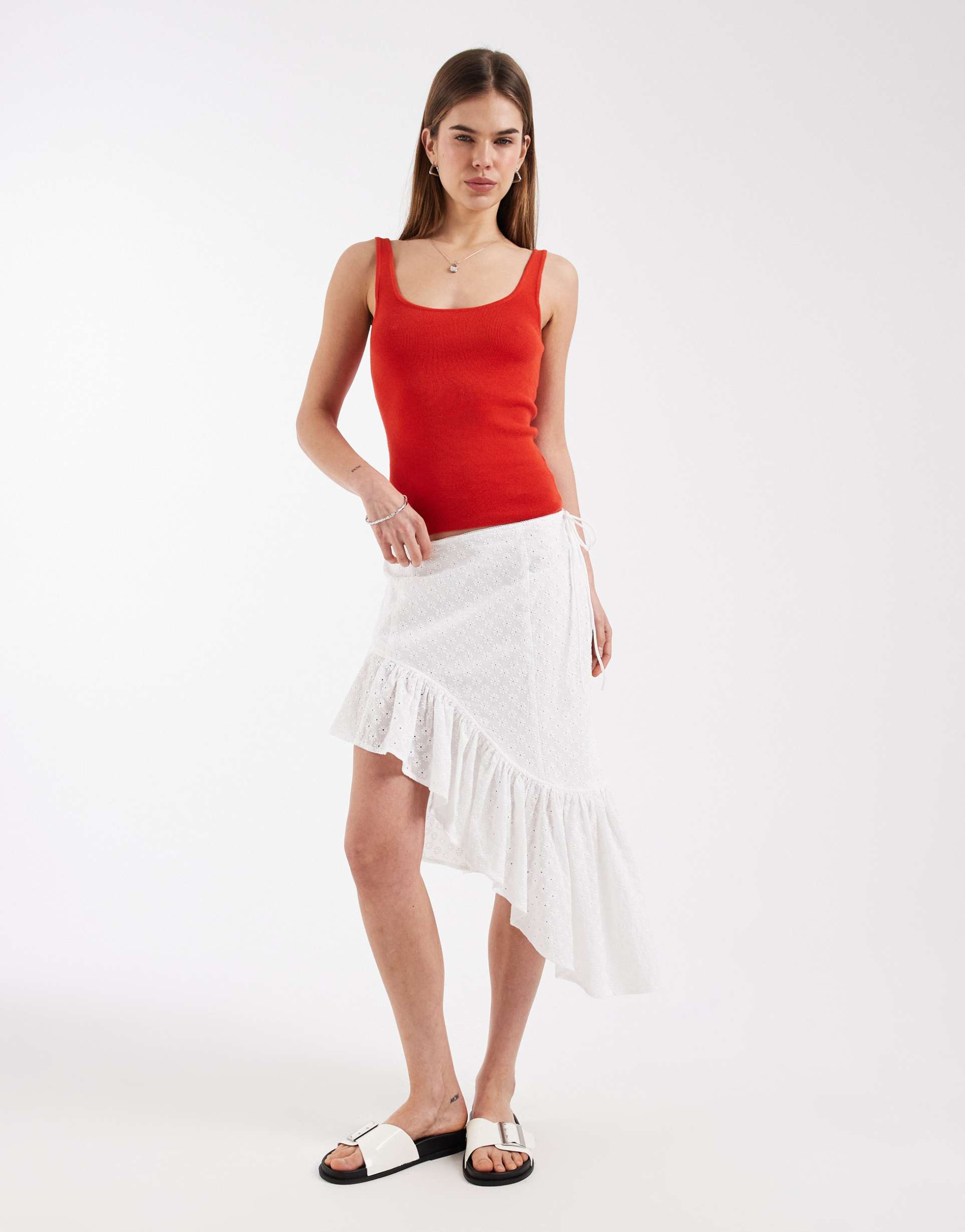 daisy street boho asymmetric midi skirt in white broderie