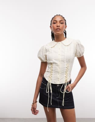 Daisy Street – Boho-Bluse in Buttermilchgelb mit Knopfleiste und seitlicher Schnürung