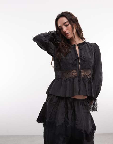 Daisy Street boho bluse med blondedetalje og bindebånd foran i sort sæt - view 1