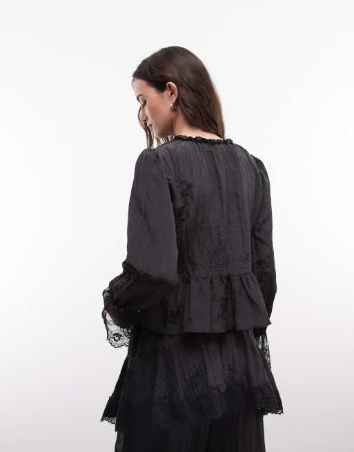 Daisy Street boho bluse med blondedetalje og bindebånd foran i sort sæt, 4 af 4