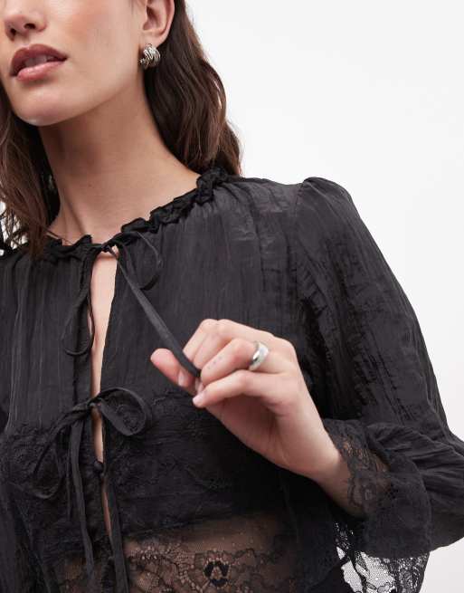 Daisy Street Boho-Bluse mit Spitzeneinsatz und Bindung vorn in Schwarz, Kombiteil, 3 von 4