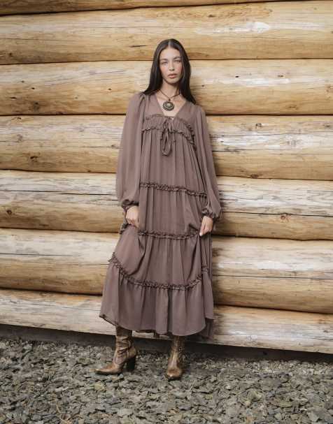 Daisy Street boho chiffon midi dress with ruffle detailing in chocolate brown - view 1