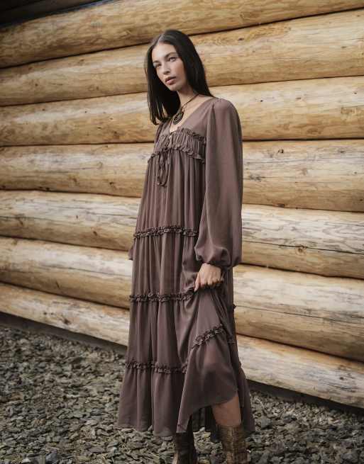 Daisy Street boho chiffon midi dress with ruffle detailing in chocolate brown, 2 of 4