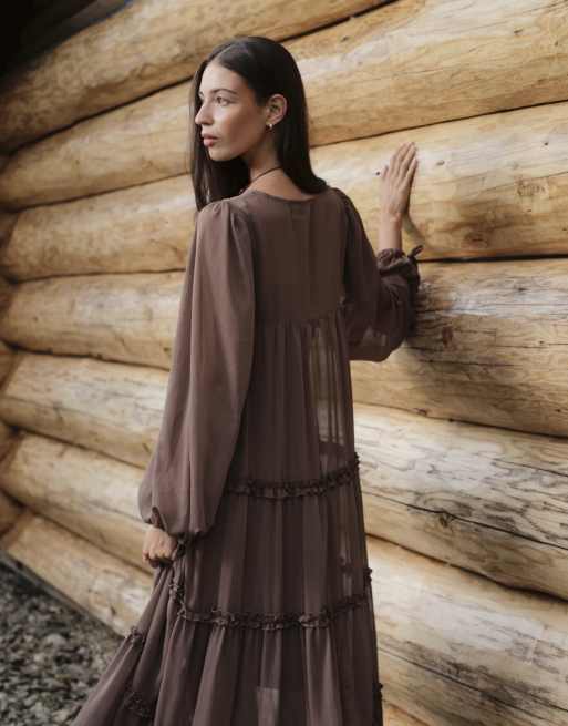 Daisy Street boho chiffon midi dress with ruffle detailing in chocolate brown, 4 of 4