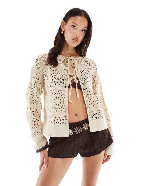 Daisy Street boho crochet tie front cardigan in natural - view 1