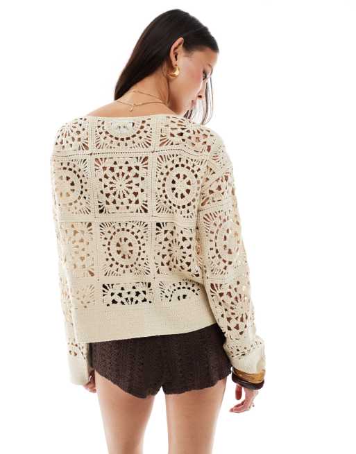 Daisy Street boho crochet tie front cardigan in natural, 4 of 4