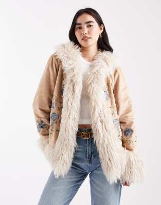 Daisy Street Boho Embroidered Penny Lane Coat With Faux Fur Trim In Neutral
