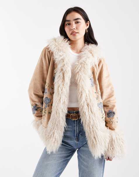 Daisy Street boho embroidered penny lane coat with faux fur trim in tan - view 1