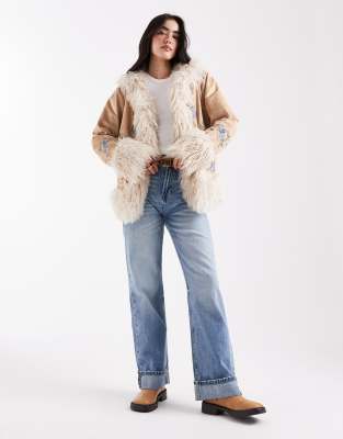 Daisy Street Boho Embroidered Penny Lane Coat With Faux Fur Trim In Neutral