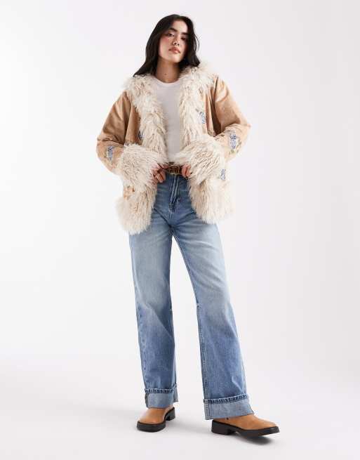 Daisy Street boho embroidered penny lane coat with faux fur trim in tan