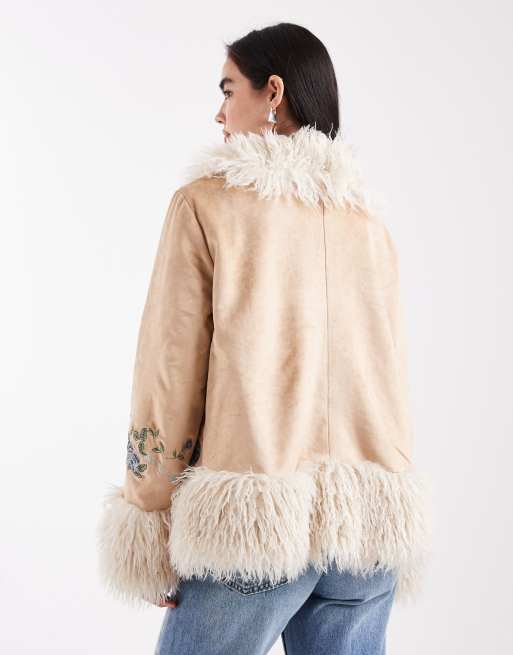 Daisy Street boho embroidered penny lane coat with faux fur trim in tan