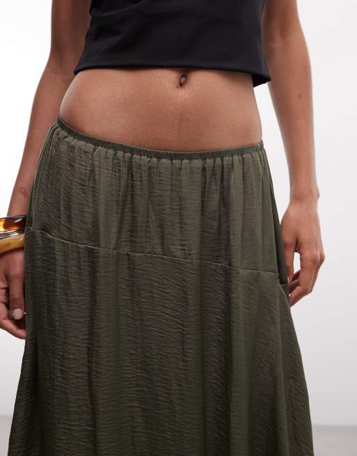 Daisy Street boho lavtaljet slip-nederdel med blondedetaljer i khaki, 3 af 5
