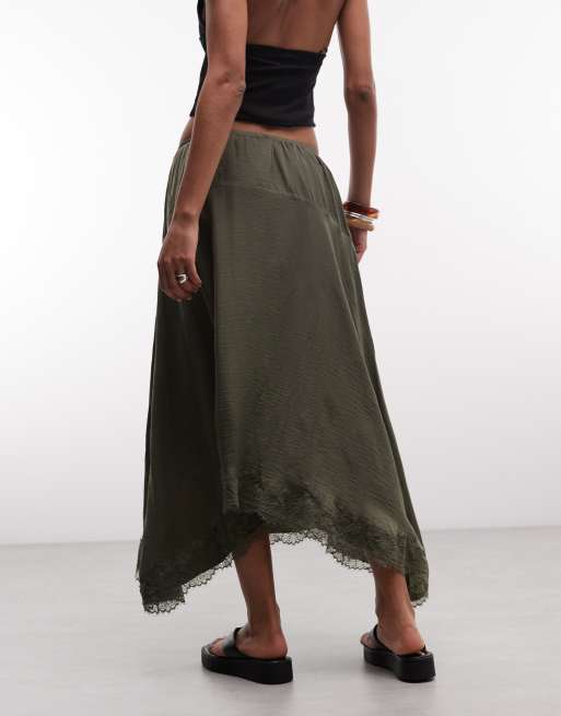Daisy Street boho lavtaljet slip-nederdel med blondedetaljer i khaki, 5 af 5