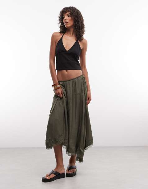 Daisy Street boho low rise slip skirt with lace detailing in khaki - view 1